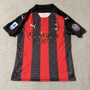 AC Milan Puma Soccer Jersey Red Black Size 18x25 Emirates Series A Patch Italy